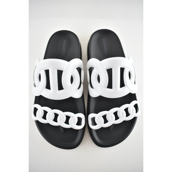 Hermes Extra Sandals White Black Chaine d'Ancre Leather Logo Slide Mule Flat 37 - Picture 7 of 12
